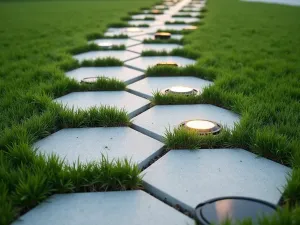 Hexagonal Tile Path - Close-up of modern hexagonal concrete tiles creating a path through artificial turf, with built-in solar lights at intersections