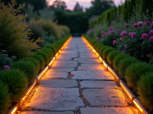 Illuminated Edge Path - Evening shot of a garden path with built-in LED lighting along copper edge strips, creating a magical atmosphere