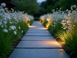 Illuminated Evening Path - Close-up of a modern slate path with integrated LED lighting, bordered by white-flowering plants like gaura and moonflower for evening garden ambiance