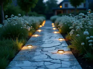 Illuminated Glass Path - A modern garden path made from recycled glass fragments that glow with embedded solar lights at dusk, lined with white flowering plants, close-up perspective