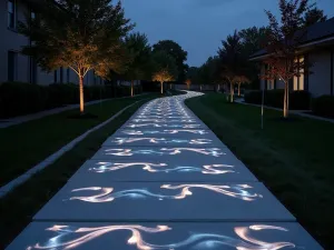 Interactive Light Path - Wide shot of a modern path with motion-activated LED panels embedded in concrete, creating interactive light patterns at night