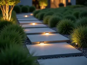 Interactive Step Path - Close-up of modern stepping stones with motion-activated lighting, surrounded by architectural grasses and modern ground covers