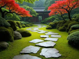 Japanese Garden Stepping Stone Path - Wide-angle view of a curving path made from large irregular stepping stones set in moss, surrounded by Japanese maples and cloud-pruned shrubs