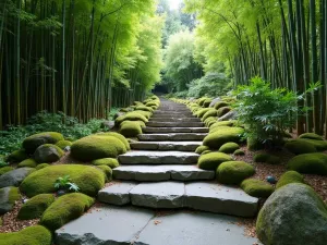 Japanese Stone Steps - Wide-angle view of irregular natural stone steps ascending through a Japanese garden, flanked by bamboo and moss gardens