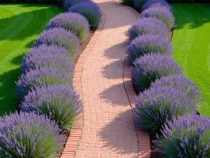 Lavender-Lined Brick Edge - Aerial view of a curved brick path with perfectly manicured lavender plants creating a soft purple border on both sides, brick edging visible