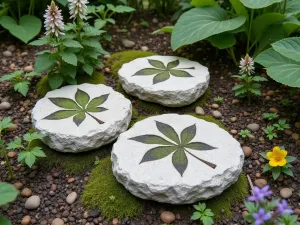 Leaf-Imprint Stones - Handmade concrete stepping stones with real leaf impressions, set in a woodland garden with native wildflowers