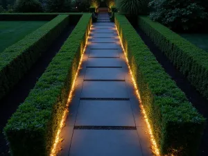 LED-lit Contemporary Path - Aerial view of a sleek, narrow garden path with embedded LED strip lighting along edges, dark basalt pavers, surrounded by geometric boxwood hedges, night scene