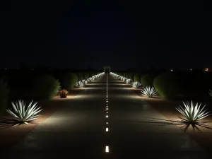 Linear LED Path - Night scene of a straight path with illuminated strips running parallel, dark concrete surface, flanked by sculptural agaves