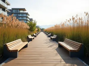 Linear Timber Path - Wide-angle view of sleek wooden boardwalk-style path with integrated benches, lined with tall architectural grasses and modern planters