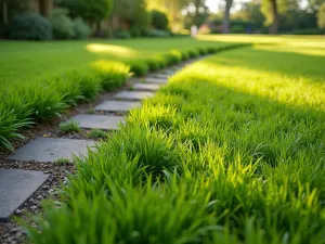 Living Edge Path - Close-up of a garden path edge where the lawn is precisely cut to form a clean, living border without additional materials