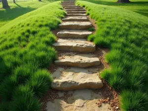 Living Grass Steps - Natural steps formed from compressed earth and living grass, creating a seamless green pathway up a gentle slope, aerial view