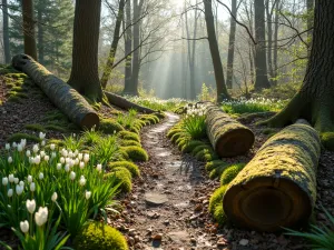 Log-Lined Woodland Path - Natural path bordered by fallen logs covered in lichen, lined with native woodland perennials and spring bulbs, filtered sunlight creating natural spotlights