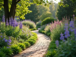 Meandering Cottage Path - Wide angle view of a curving path made of reclaimed brick, bordered by cottage garden favorites like lupins, campanula, and columbines in soft morning light