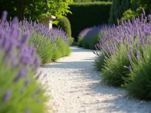 Meandering White Gravel Path - A winding garden path made of pristine white gravel, bordered by lavender plants and ornamental grasses, shot from a low angle with sunlight filtering through, creating soft shadows on the path