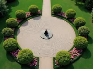 Meditation Garden Path - Aerial view of circular meditation garden with concentric gravel patterns, single path leading to central seating area, surrounded by careful pruned azaleas