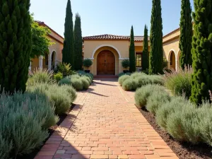 Mediterranean Brick Pathway - Wide-angle view of a warm terracotta brick path leading to a Mediterranean-style garden, lined with rosemary and santolina, with cypress trees in the background