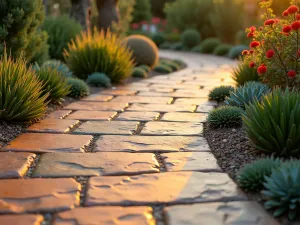 Mediterranean Curved Tile Path - Close-up of a curved path made from colorful Mediterranean tiles, flanked by drought-resistant plants and small succulents, warm evening light