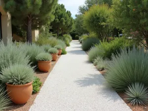 Mediterranean Gravel Path - Wide-angle view of a white gravel path bordered by drought-resistant Mediterranean plants, including rosemary, sage, and ornamental grasses, with terracotta pots