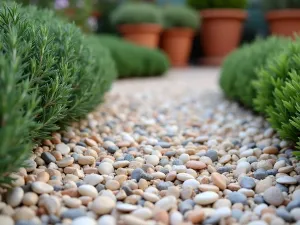 Mediterranean Crushed Shell Path - Close-up shot of a garden path made with crushed seashells and fine gravel, bordered by rosemary and santolina, with terra cotta pots in the background