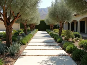 Mediterranean Stone Path - Sun-bleached limestone pavers creating a bright white path through drought-resistant Mediterranean plants and olive trees