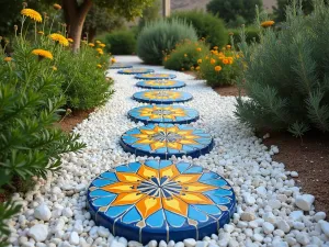 Mediterranean Tile Stones - Colorful ceramic tile-inspired stepping stones in blue and yellow patterns, set among Mediterranean herbs and white gravel, wide angle view