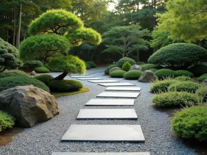 Minimalist Raked Gravel Path - Clean, modern interpretation of a Japanese path with precisely raked gravel patterns, large rectangular stepping stones, and single specimen bonsai