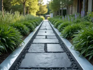 Mirrored Edge Path - Close-up of modern path with mirrored stainless steel edges reflecting surrounding plantings, dark basalt paving