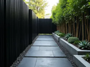 Bamboo Screen Path - Close-up of a narrow modern path with black slate tiles, flanked by tall black bamboo screens and angular concrete planters with succulents