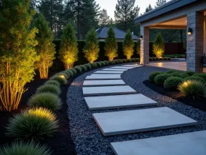 Modern Floating Curve Path - Wide-angle shot of a curved path made from floating concrete pavers over black pebbles, with architectural plants and LED strip lighting