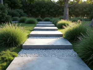 Minimalist Stepping Stones - A modern garden path with floating rectangular concrete stepping stones set in white gravel, lined with low-growing ornamental grasses, dramatic lighting from below, photorealistic