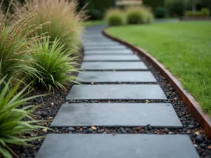 Modern Geometric Brick Path - Close-up of a contemporary garden path featuring dark charcoal bricks laid in a geometric pattern, bordered by modern cor-ten steel edging and ornamental grasses