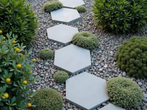 Modern Geometric Stepping Stones - Aerial view of contemporary hexagonal concrete stepping stones set in gravel, interspersed with low-growing thyme and sedum, creating a minimalist Japanese-inspired path