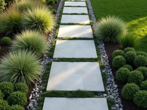 Modern Geometric Stone Walkway - Aerial view of a contemporary garden path using large rectangular cut stone blocks in a staggered pattern, surrounded by geometric beds of ornamental grasses