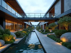 Glass and Steel Walkway - Wide angle view of a raised glass and steel walkway with integrated lighting, surrounded by modern water features and architectural plants