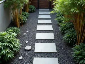 Modern Gravel and Stepping Stone Path - Aerial view of a contemporary garden path combining dark gray gravel with large rectangular concrete stepping stones, surrounded by architectural plants and bamboo