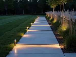 Minimalist LED Path - Modern garden path with embedded LED strip lighting along clean concrete slabs, geometric design, evening scene with soft illumination, minimalist landscaping with ornamental grasses