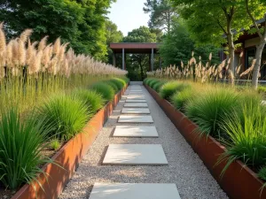 Modern Metal Edge Path - Wide-angle shot of a straight garden path with contemporary cor-ten steel edging, gravel surface, and ornamental grasses creating contrast