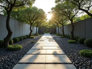 Zen Gravel Path - Modern interpretation of a Japanese zen path with black polished pebbles and large concrete pavers, lined with cloud-pruned trees, morning light