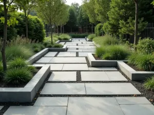 Modular Block Path - Wide angle of interlocking concrete blocks with built-in planters, creating a modern pathway with integrated greenery