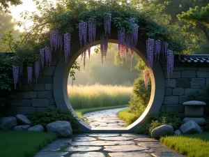 Moon Gate Path - Traditional circular moon gate framing a stone path, with climbing wisteria and backdrop of Japanese forest grass, evening lighting