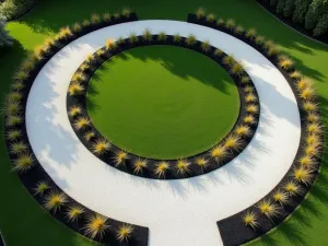 Moon-Shaped Gravel Path - Aerial view of a crescent-shaped white gravel path curving around a circular lawn, bordered by ornamental grasses and black mondo grass, creating strong visual contrast