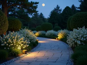 Moonlit Stone Path - Evening scene of a limestone path illuminated by garden lights, with white flowering plants glowing in the moonlight