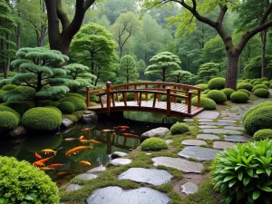 Moss Garden Bridge Path - Wide-angle view of a small wooden arched bridge over a koi pond, connected by a stone path through lush moss gardens with dwarf conifers