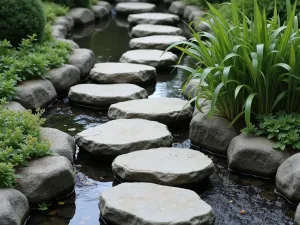 Mountain Stream Steps - Natural flat river rocks arranged as stepping stones across a small water feature, surrounded by mountain plants, photographed from above