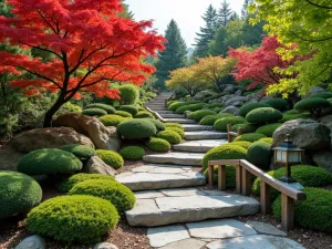 Multi-Level Garden Path - Wide view of stone steps and paths connecting different garden levels, with Japanese maples and mondo grass, traditional wooden railings