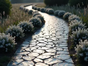 Musical Note Path - A curved path with inlaid metal musical notes and staff lines, bordered by white and black plants, wide perspective