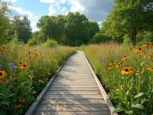 Native Garden Boardwalk - Elevated wooden boardwalk through a native garden featuring butterfly weed, black-eyed susans, and native grasses, with wildlife-friendly elements