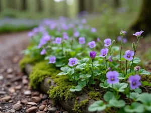 Natural Branch Border - Close-up of path edge detailed with arranged branches and twigs, interspersed with wild violets and wood sorrel, creating natural woodland border