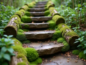 Natural Log Steps - Close-up of rustic steps made from half-buried logs, moss-covered edges, surrounded by wood spurge and sweet woodruff