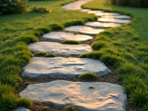 Natural Stone Border Path - A winding garden path with rough-cut limestone blocks creating a natural edge, moss growing between stones, photographed in warm evening light, close-up perspective